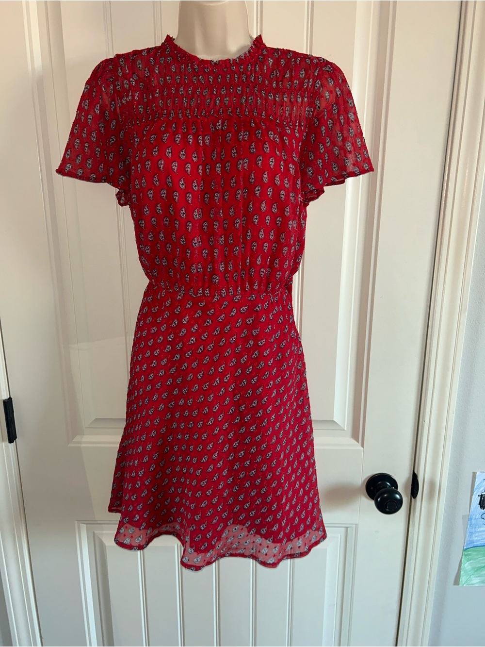 NWT LOFT Red Short-Sleeve Printed Smocked Dress Sz 10P